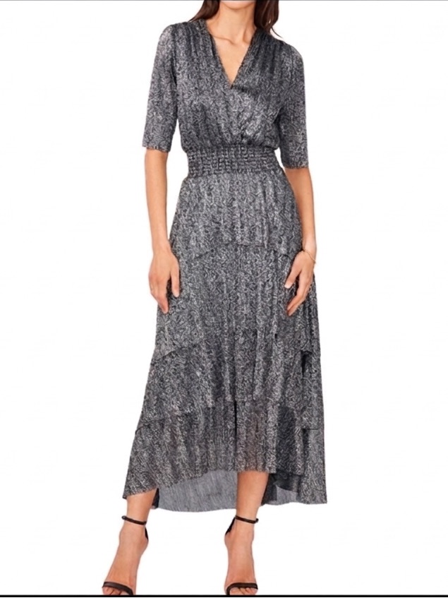 Vince Camuto Twinkle And Glow Silver Metallic Dress Large V-Neck High-Low Hem L